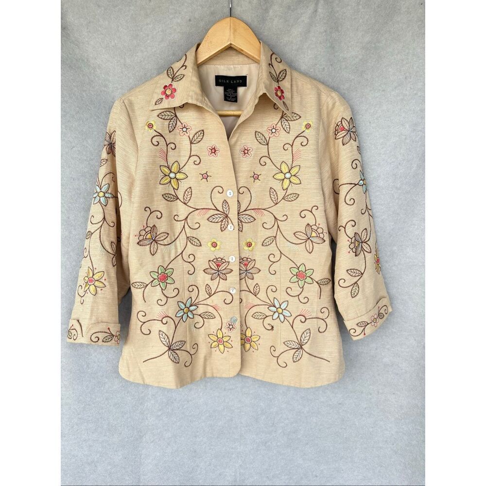 Silk Land 100% Silk Floral Embroidered Tan Colorful Blazer Jacket Size S Boho